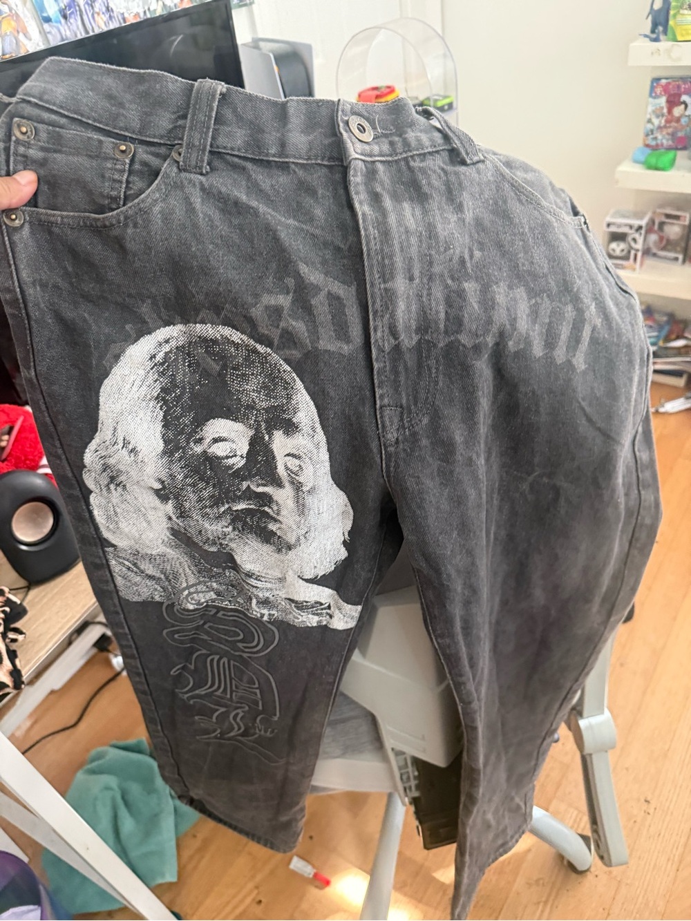 Men's Graphic Washed Black Jeans with White Print